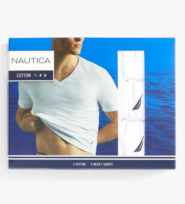 Camiseta cuello V blanca Náutica. Algodón 100%. Paquete por 3.